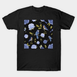 Peonies and blue birds on black backdrop T-Shirt